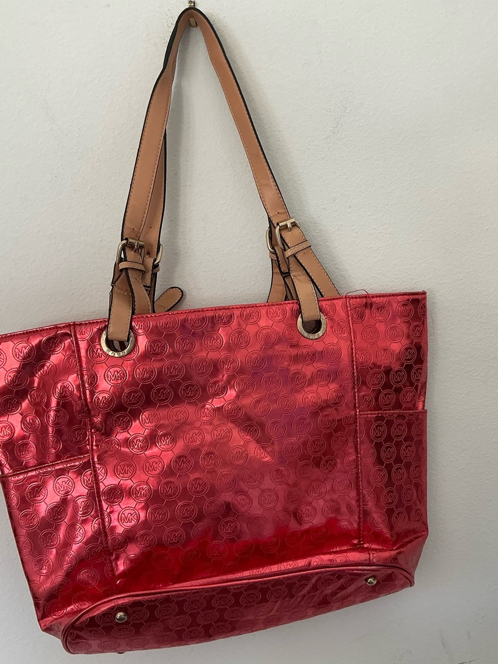 Michael Kors Jet Set Tote Coral Red Metallic MK Logo Large Shoulder Bag - Picture 2 of 12